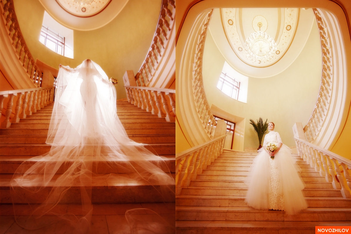 Невеста на лестнице с длинной фатой
